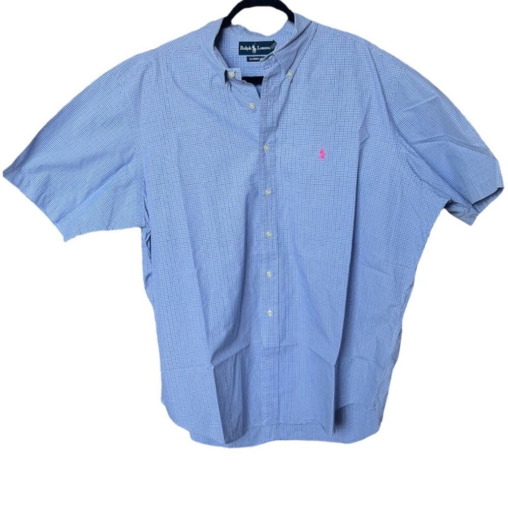 Ralph Lauren Classic Fit Pink Pony Blue Plaid Cotton Shirt Men Size XXL
